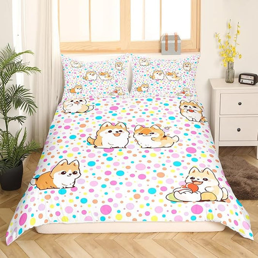 Kawaii Dogs Bedding Set Colorful Polka Dots Duvet Cover Set Cartoon Puppies Comforter Cover Set Cute Pet Theme Bedspread Cover Bedroom Quilt Cover 2Pcs Twin with 1 Pillowcase,No Comforter