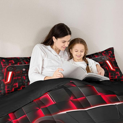 Erosebridal Gamer Full Bedding Sets for Boys Geometric Gaming Kids Comforter Red and Black Checkered Gamepad Comforter Set for Teen Men,Video Game Bed Set Neon Lights Game Controller for Boys Room