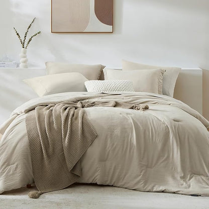 WRENSONGE California King Size Comforter Sets- 7 Pieces Soft Light Oatmeal Bed in a Bag with Fitted Sheet, Flat Sheet, 2 Pillow Shams, 2 Pillowcases, Warm Bedding Sets for All Season
