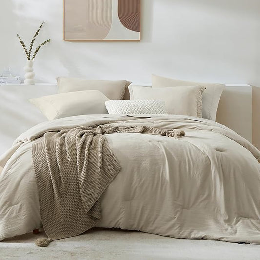 WRENSONGE California King Size Comforter Sets- 7 Pieces Soft Light Oatmeal Bed in a Bag with Fitted Sheet, Flat Sheet, 2 Pillow Shams, 2 Pillowcases, Warm Bedding Sets for All Season