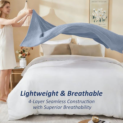 EMME Cotton Muslin Queen Blanket Bed Layering Bedspread Coverlet Breathable Gauze Soft Lightweight Blankets (Heather Dusty Blue, 90"x90")