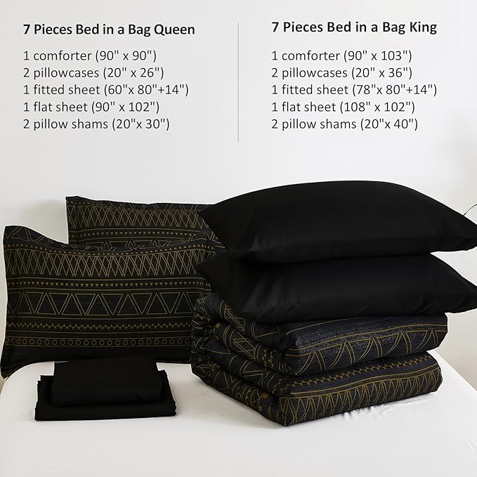 WONGS BEDDING Queen Comforter Set 7 Pieces, Boho Black Gold Geometric Striped Comforter for Queen Bed in a Bag, Soft Microfiber Bedding Set with Pillowcases, Flat Sheet, Fitted Sheet, Pillow Shams