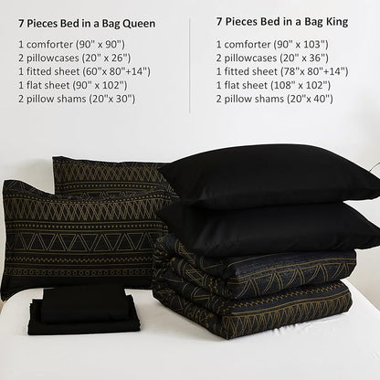 WONGS BEDDING King Size Comforter Set 7 Pieces, Boho Black Gold Geometric Striped Comforter for King Bed in a Bag, Soft Microfiber Bedding Set with Pillowcases, Flat Sheet, Fitted Sheet, Pillow Shams