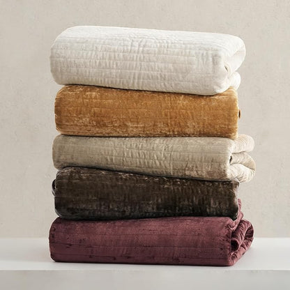 EVERGRACE Velvet Quilt Set King Size, Luxurious Soft Striped Channel Bedding Set, Lightweight Velvet Comforter for All Season, Oversized Bedspread Coverlet with 2 Matching Shams, Walnut Brown