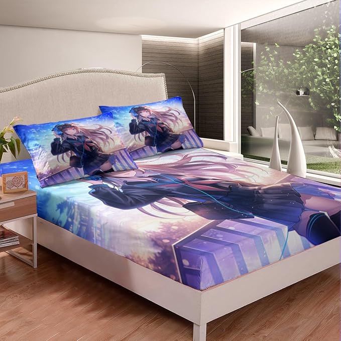 Erosebridal Anime Girl Fitted Sheet Twin Size, Japanese Anime Bedding Set for Kids Boys Teens Bedroom Decor, Cartoon Girl Bed Sheets Kawaii Japanese Animation Bed Set with 1 Pillow Case