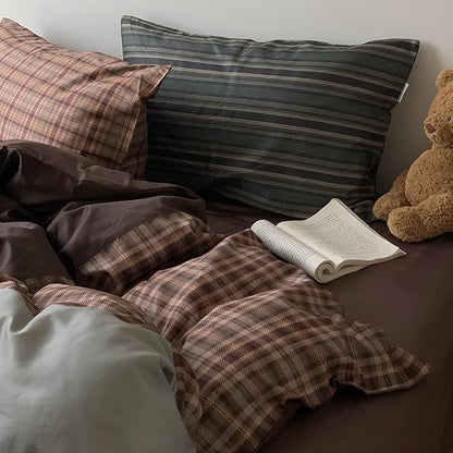 Nayoroom Plaid Duvet Cover Queen Size Vintage Brown Patchwork Checkered Duvet Cover Dorm Bedding Set 3 Pieces Soft Lightweight Washed Microfiber Farmhouse Bedding Set Gifts for Women Men
