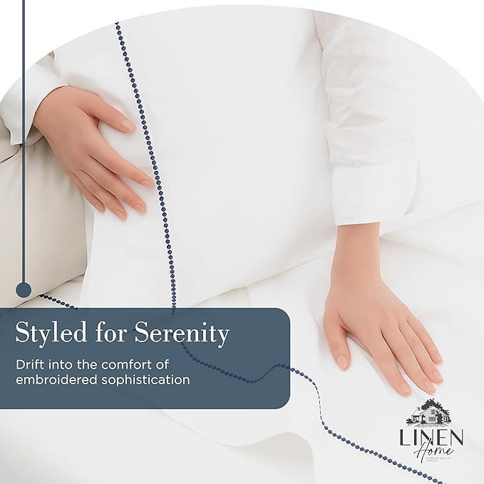 Linen Home 100% Cotton Percale Pearl Stitch Pillowcases Queen/Standard Size, Dark Blue, 2 Pieces of Pillow Case, Crisp and Cool Strong Bed Linen, 20 inches X 30 inches