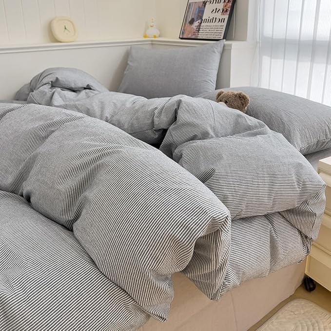 VM VOUGEMARKET Gray Striped Comforter Set Full,3 Pieces Washed Cotton Pinstripes Comforter with 2 Pillowcases for Teen Boys Men Simple Modern Bedding Set (80"x90")