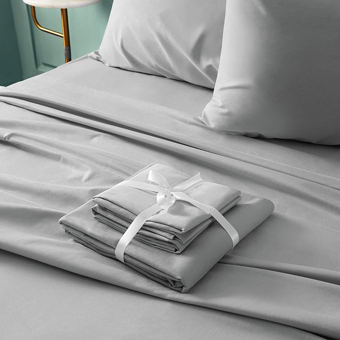 BYSURE Hotel Luxury Bed Sheets Set 4 Pieces(Twin, Light Gray) - Super Soft 1800 Thread Count 100% Microfiber Sheets with Deep Pockets, Wrinkle & Fade Resistant
