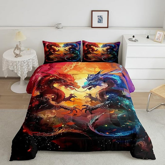 Feelyou Dragon Comforter Set Queen Size Western Dragon Comforter for Boys Girls Teens Wildlife Bedding Set Wild Animal Duvet Set Room Decor Dark Orange Quilt Set