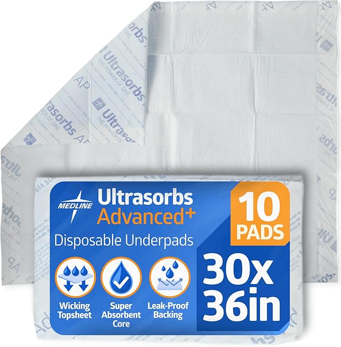Medline Ultrasorbs Advanced+ Premium Underpads with Polymer for Superior Leak Protection, 300 lb Weight Capacity, 30x36 Inches, 10 Count
