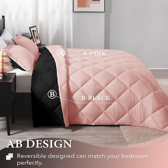 downluxe Queen Comforter Set - Pink and Black Queen Comforter, Soft Bedding Sets for All Seasons -3 Pieces - 1 Comforter (88"x92") and 2 Pillow Shams(20"x26")