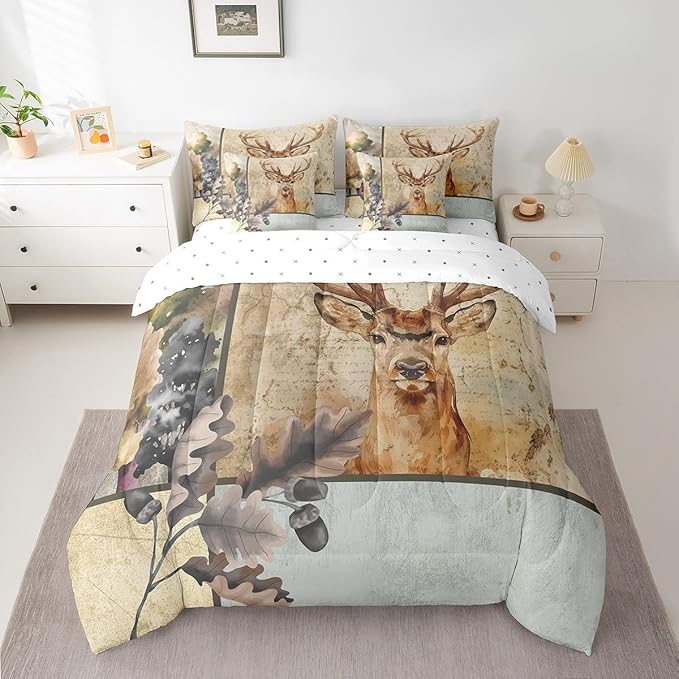 Elk Deer Bed in a Bag King Size Comforter Set 7 Pieces,Woodland Animals Bedding Sets Moose Reindeer Sheet Set with Comforter