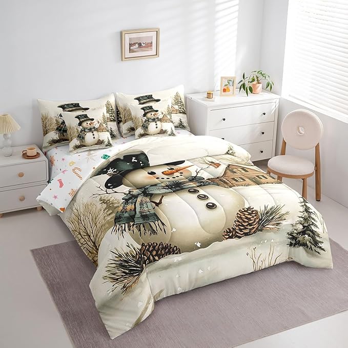Winter Farmhouse Style Comforter Set Bed in a Bag 7 Pieces King,3D Snowman Cartoon Pattern Boys Girls Bedding Set,Merry Christmas (Comforter+Fitted+Flat Sheet+2 Pillowcases+2 Throw Pillow Covers)