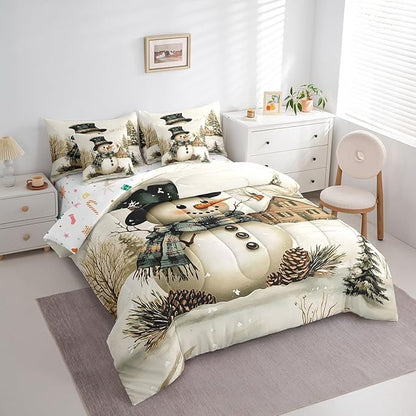 Winter Farmhouse Style Comforter Set Bed in a Bag 7 Pieces King,3D Snowman Cartoon Pattern Boys Girls Bedding Set,Merry Christmas (Comforter+Fitted+Flat Sheet+2 Pillowcases+2 Throw Pillow Covers)