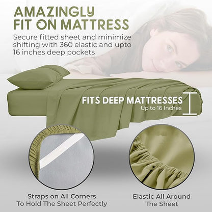 Top Split Flex Head King Size Sheet Set - Egyptian Quality Ultra-Soft Bed Sheets - Double Brushed - Deep Pockets- Easy Fit - 4 Piece Set- Fade Resistant (Sage)