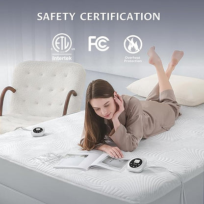 Queen Size Electric Heated Mattress Pad - Bed Warmer with Memory & Preheat Functions, 12 Heat Settings Dual Control for 1-12 Hours Auto Off, Lighted Button