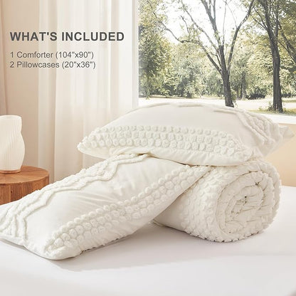 Luxudecor Boho Tufted Comforter Set King Size 3 Pieces White Shabby Chic Comforter Farmhouse Embroidery Bed Set Soft Comforter for All Seasons (White, 104''x90'')