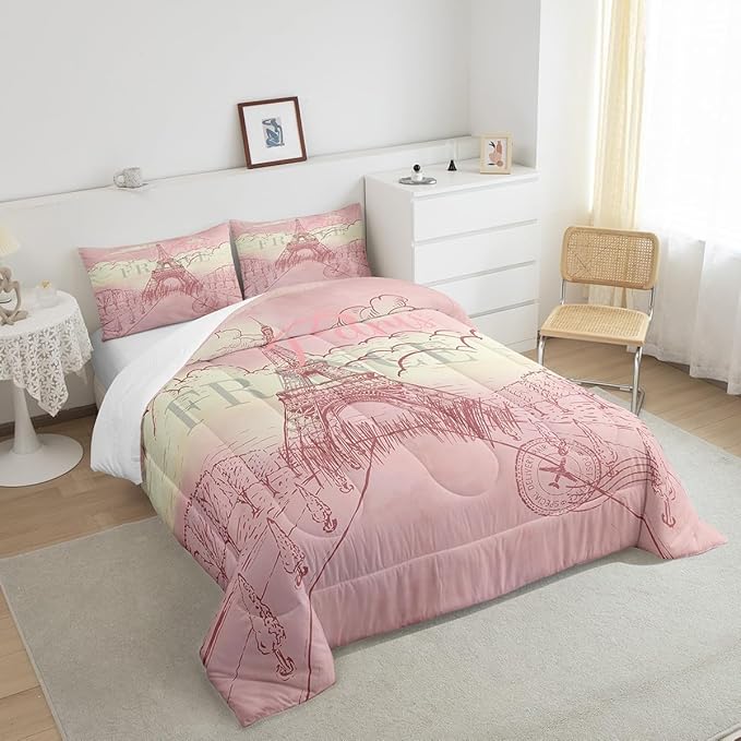 Castle Fairy Eiffel Tower Comforter Set King,Retro Paris Style Bedding Set for Boys Girls Teens Bedroom Decor,Vintage Cityscape Girls Women Landmark Quilt Set Super Soft Duvet Set,Gift for Her Him