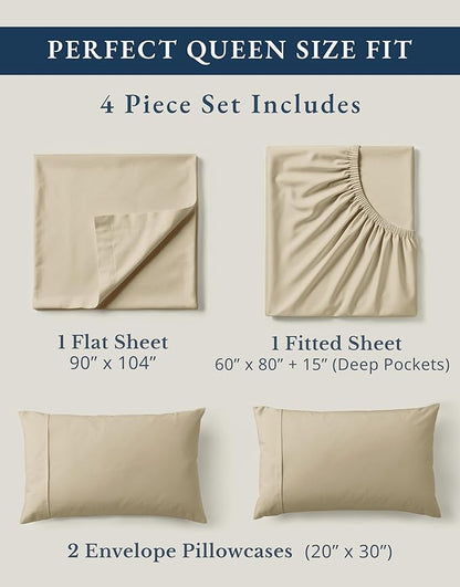 LANE LINEN 100% Organic Cotton Queen Size Sheets Set, Eco Friedly Mercerized Fully Elasticized Queen Sheets, Naturally Temperature Regulating Cooling Cotton Sheets- Linen