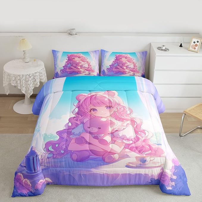 Erosebridal 3D Anime Girl Comforter Set Queen, Japanese Girl Romance Love Bedding Cartoon Anime Gifts Bedding Comforter Sets, Rabbit Lovers Gifts - 1 Comforter 2 Pillow Cases