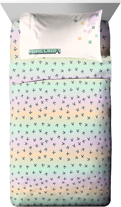 Jay Franco Minecraft Creeper Full Comforter Set - 7 Piece Bedding Includes Sheet Set & Pillow Covers - Super Soft Pink & Green Kids Bedding