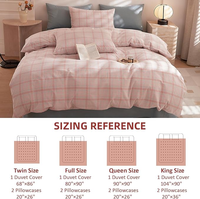 EAVD Pink Grey Grid Plaid Duvet Cover Queen Washed Cotton Bedding Set 3 Pieces Modern Farmhouse Gingham Duvet Cover with 2 Pillowcases Reversible Grid Checkered Bedding Set with Zipper Closure