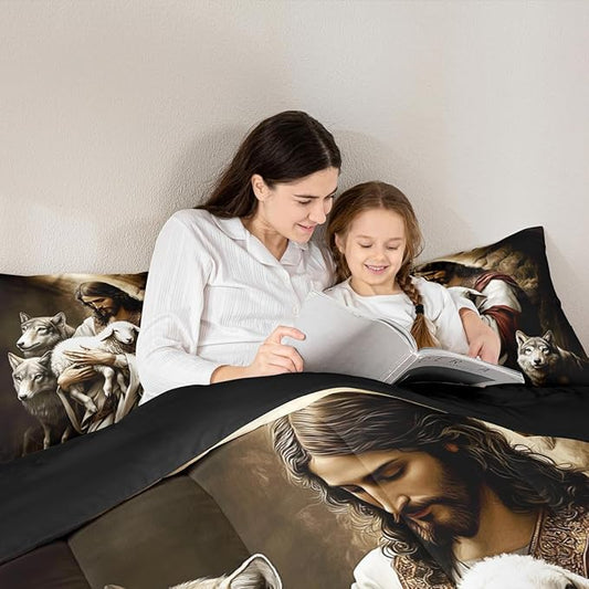 Castle Fairy Sheep and Wolf Comforter Set,Rustic Farmhouse Down Alternative Adults Bedroom Decor,Wildlife Animals Ultra Soft Microfiber Inner Fill 3Pcs Bedding Queen Size