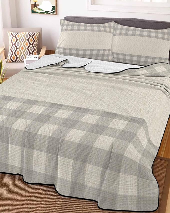 Quilts Queen Size Bedding Set, Retro Grey Lightweight Summer Quilt 3 Pieces Bedding Sets, Farmhouse Buffalo Plaid Vintage Beige Reversible Soft Bedspreads Coverlets with 2 Pillow Shams for All Season
