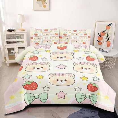 Girls Kids Cartoon Yellow Bears Comforter Set for All Seasons, 2Pcs Twin Size Stars and Bows Comforter Set, Soft Microfiber (1 Comforter 68" x 90" and 1 Pillowcase) for Girls Room Decor