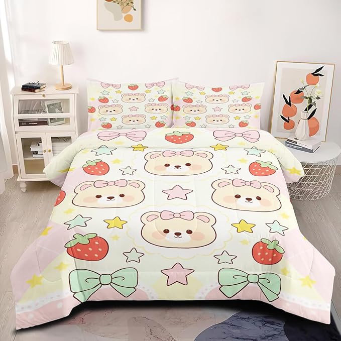 3Pcs Girls Kids Cartoon Yellow Bears Comforter Set, Star Strawberry Pattern Bedding Set King Size for All Seasons, 1 Comforter (104" x 90"), 2 Pillowcases