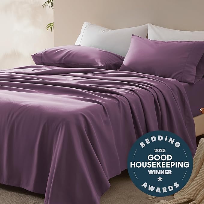 SLEEP ZONE Nanotex Super Soft Cooling Queen Bed Sheets Set 4 Piece - Easy Care Fitted Flat Sheet & Pillowcase Sets - Wrinkle Free, Fade Resistant, Deep Pocket 16" (Purple, Queen)