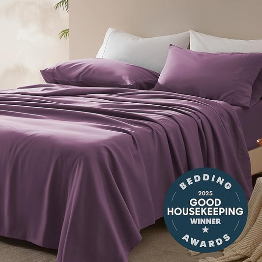 SLEEP ZONE Nanotex Super Soft Cooling Queen Bed Sheets Set 4 Piece - Easy Care Fitted Flat Sheet & Pillowcase Sets - Wrinkle Free, Fade Resistant, Deep Pocket 16" (Purple, Queen)