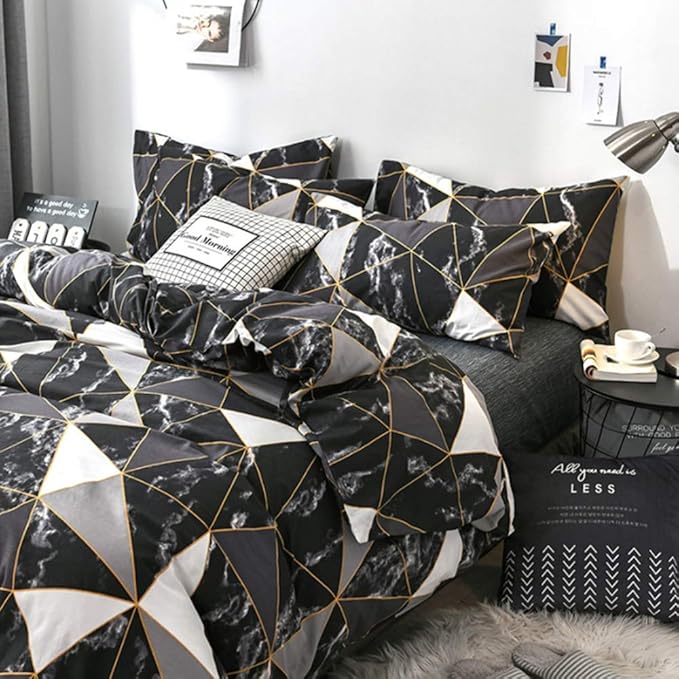 CLOTHKNOW Black White Marble Queen Comforter Set 3Pcs Triangle Bedding Sets Soft Geometric Comforter with 2 x Pillow Cases