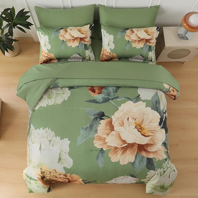 Dobuyly King Size Comforter Set 7 Piece Bed in a Bag, Olive Green Floral Comforter Set with Sheets, Soft Microfiber Botanical Flower Bedding Set for All Season