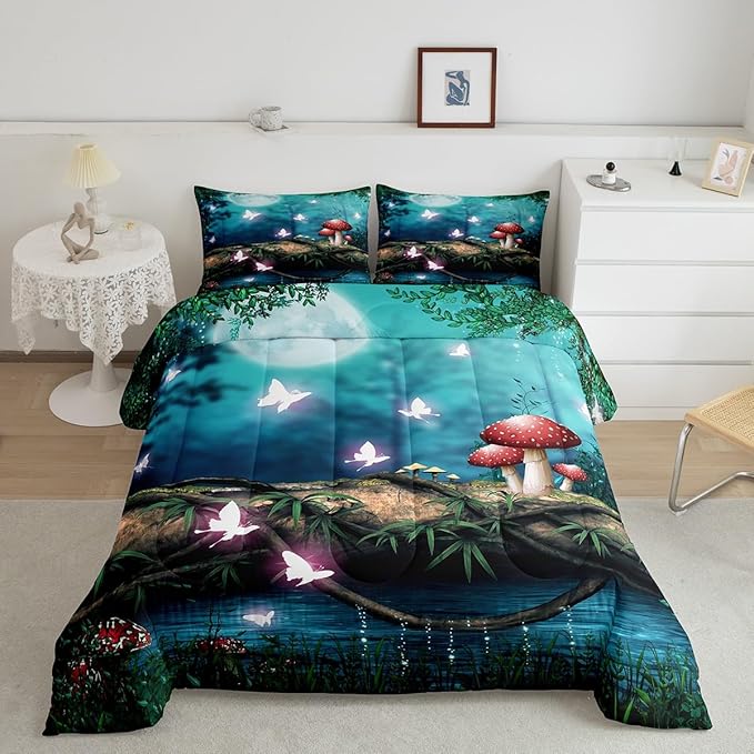 Red Mushroom Comforter King Size,Moon Night Sky Jungle Comforter Set Bedding Set for Kids Adults,Magical Butterfly Cartoon Plant Duvet Set Ultra Soft Room Decor 3Pcs Quilt Set