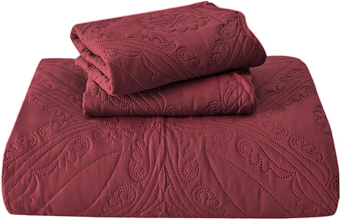 Kingnex Oversized King Bedspreads 128x120 for Extra Wide Tall King or Cal King Bed Ultrasonic Quilted Coverlet Set 3 Piece Include 1 Quilt 2 Pillowcases Burgundy