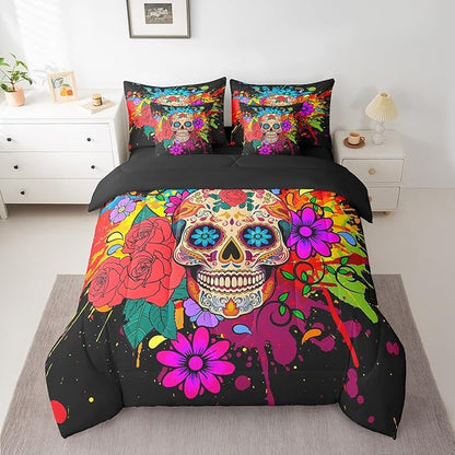 Erosebridal Goth Sugar Skull 7 Piece Comforter Set Full Bed in a Bag,Rainbow Tie Dye Bedding Sets Bohemian Flowers Sheet Set with Comforter