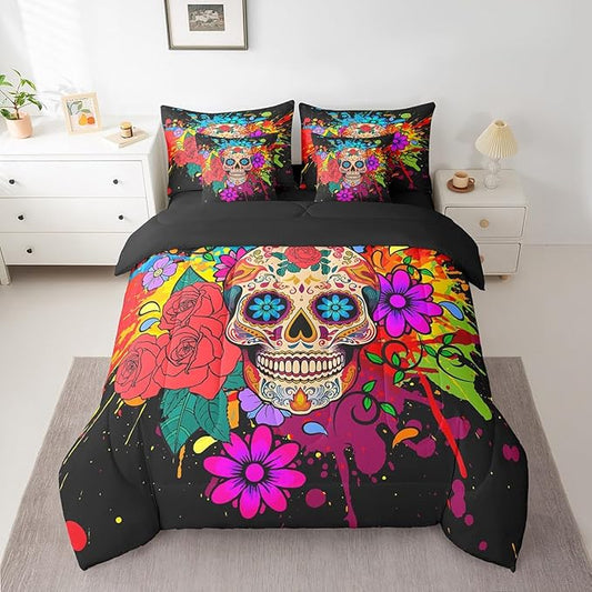 Erosebridal Goth Sugar Skull Bed in a Bag King Size Comforter Set 7 Pieces,Rainbow Tie Dye Bedding Sets Bohemian Flowers Sheet Set with Comforter