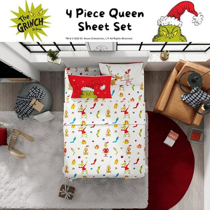 Collectibles Dr. Seuss The Grinch Holiday & Christmas Bedding Super Soft Microfiber 4 Piece Queen Sheet Set, (Officially Licensed Product) by Franco