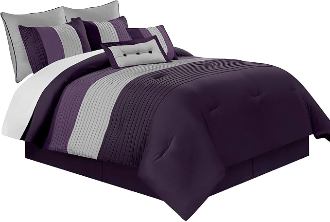 Chezmoi Collection Loft 8-Piece Luxury Striped Comforter Set (King, Purple/Gray/Lavender)