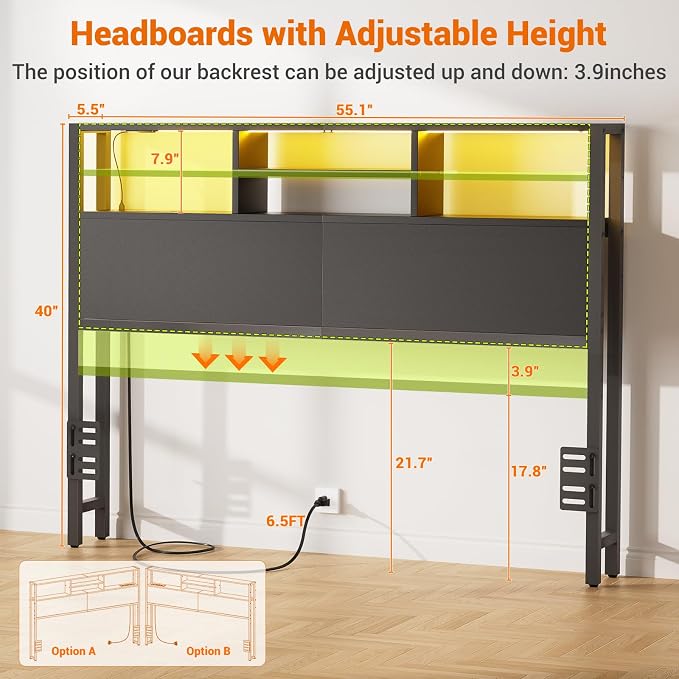 Aheaplus Headboard for Full Size Bed with Storage, Headboards with Outlets | Full Size Head Board Only, with USB Ports and LED Light, Height Adjustable, Reversible, Sturdy & Stable Headboard, Black