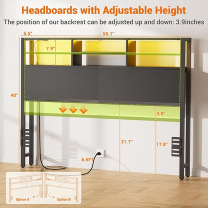 Aheaplus Headboard for Full Size Bed with Storage, Headboards with Outlets | Full Size Head Board Only, with USB Ports and LED Light, Height Adjustable, Reversible, Sturdy & Stable Headboard, Black