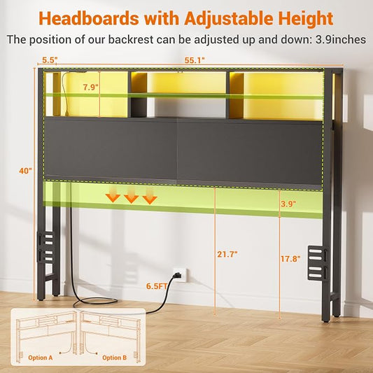 Aheaplus Headboard for Full Size Bed with Storage, Headboards with Outlets | Full Size Head Board Only, with USB Ports and LED Light, Height Adjustable, Reversible, Sturdy & Stable Headboard, Black