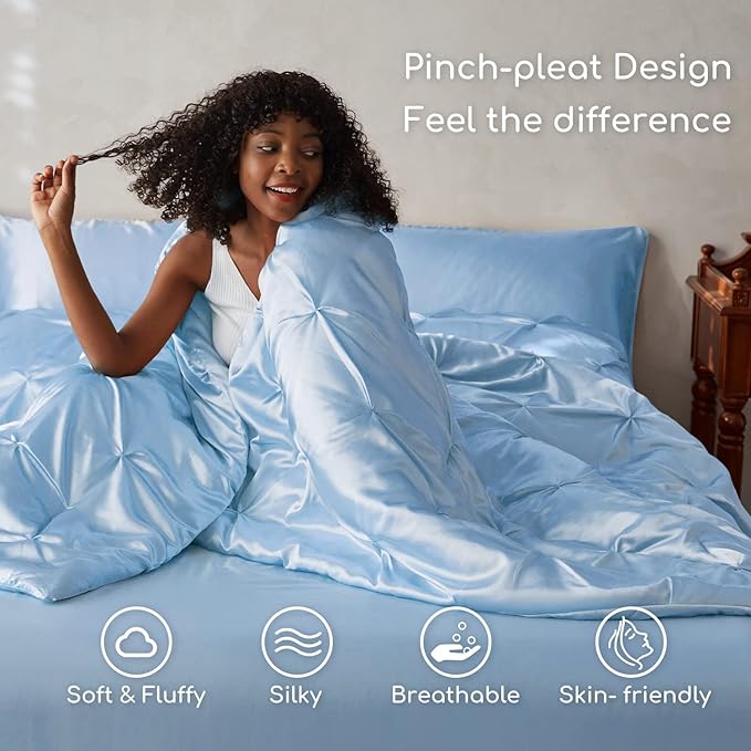 MR&HM Satin Comforter Twin XL 5 Pieces - Luxurious Pinch Pleat Bedding Set with Comforter, Flat Sheet, Fitted Sheet, Pillowcase & Sham, Super Silky Soft Bed Set for All Season (Twin XL, Light Blue)