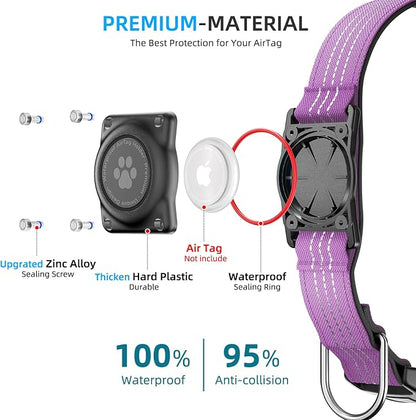 Upgrade Dog Collar with AirTag Holder, IP68 Waterproof, Purple, M | Built-in Water Resistant AirTag holder, 1000D Nylon, Reflective Stitching for Night Visibility, Soft padding for Comfort