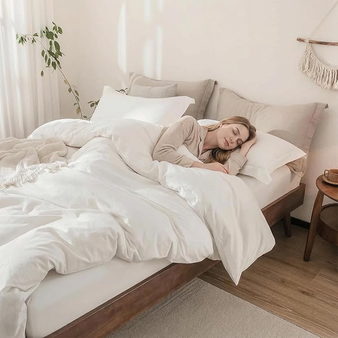 Off White Duvet Cover Super Queen Size 100% Washed Cotton Bedding Set Cover 1 Duvet Cover Zipper Closure and 2 Pillowcases, 98inchx90inch