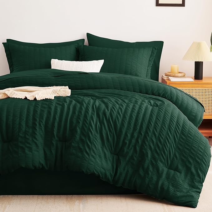 CozyLux Full Size Comforter Sets with Sheets 7 Pieces, Emerald Green Seersucker Bed in a Bag Textured Luxury Soft Bedding Sets with Down Alternative Comforter, Sheets, Pillowcases & Shams All Season