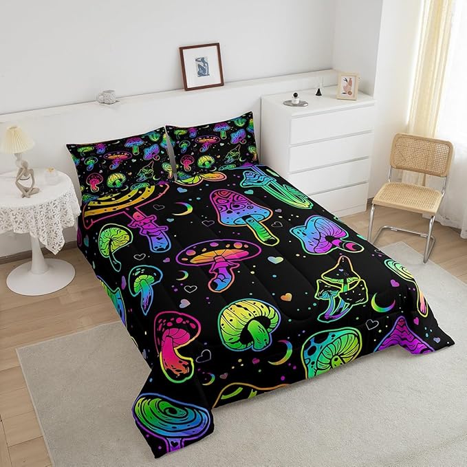 Erosebridal Mushroom Comforter Set Twin Kawaii Trippy Bedding Psychedelic Botanical Plants Down for Kids Girls Boys Teens Rainbow Fungus Duvet Cute Quilt (CMHS3028XXY-BZ_USt)