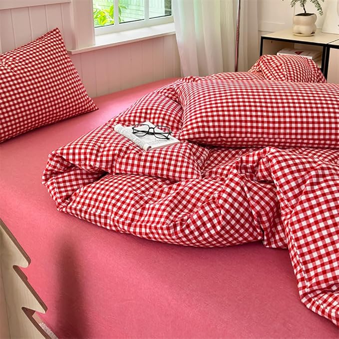 Nayoroom Red Gingham Duvet Cover Queen Size 100% Washed Cotton Plaid Checkered Duvet Cover 3 Pieces Soft Breathable Grid Farmhouse Dorm Bedding Set for All Seasons